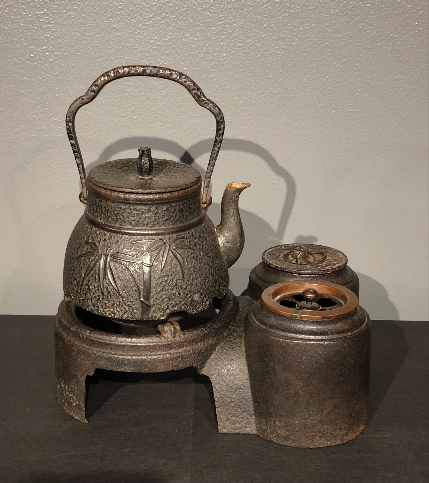 Antique Japanese Tetsubin, Iron Kettle with Stand and Shuki Warmer