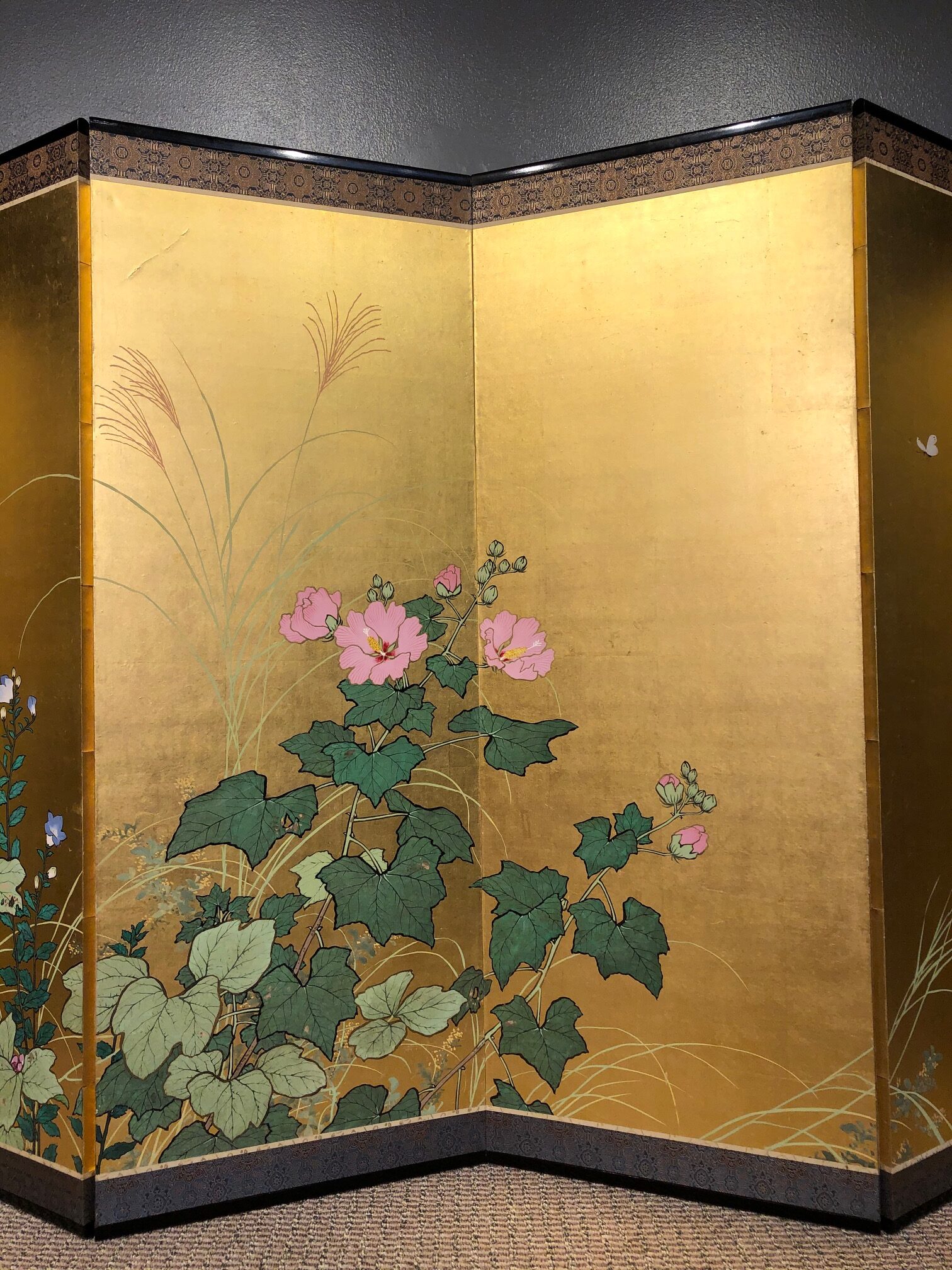 A Lovely Japanese Antique 6 Panel Byobu Screen Gilded With Gold Kuraya