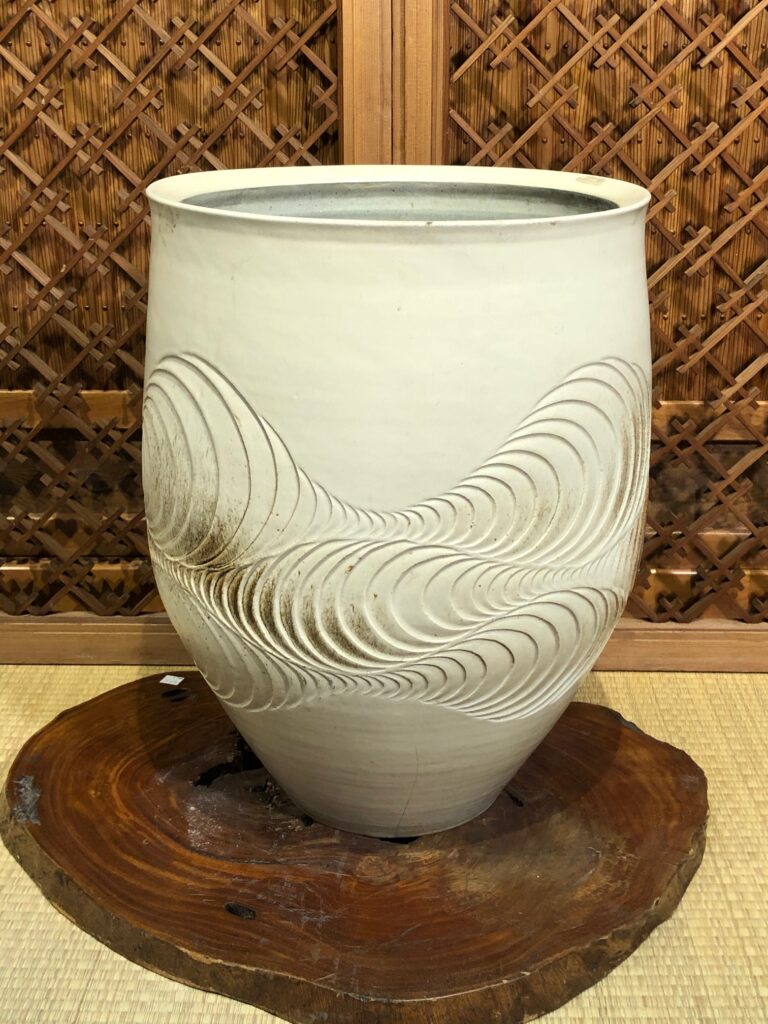 Japanese Ceramic Pot with Wood Stand. Kuraya